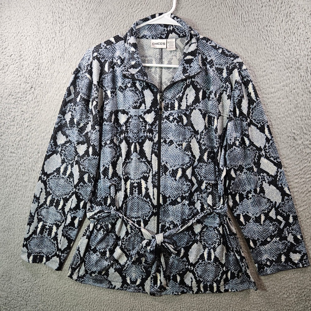 CHICO'S Womens Snake Print Zip‎ Up Jacket Belted Casual Size 3